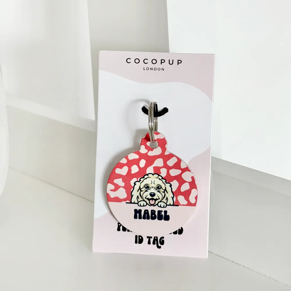 Cocopup Personalised Id Tags-Personalised Dog Cartoon ID Tag - Red & Pink Leopard