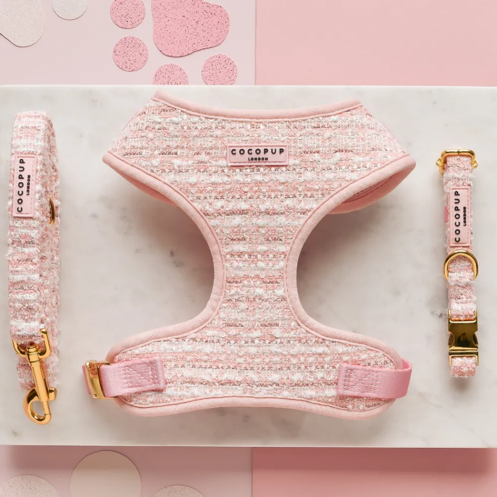Cocopup Adjustable Harness Bundles | Special Occassion Harnesses ✨-Pink Textured Tweed Adjustable Neck Harness, Lead & Collar Bundle