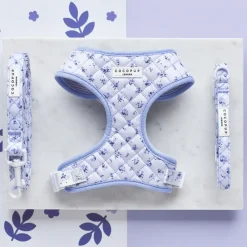 Cocopup Adjustable Harness Bundles-Quilted Ditsy Floral Periwinkle Adjustable Neck Harness, Lead & Collar Bundle