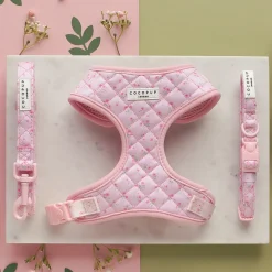 Cocopup Adjustable Harness Bundles-Quilted Ditsy Floral Pink Adjustable Neck Harness, Lead & Collar Bundle
